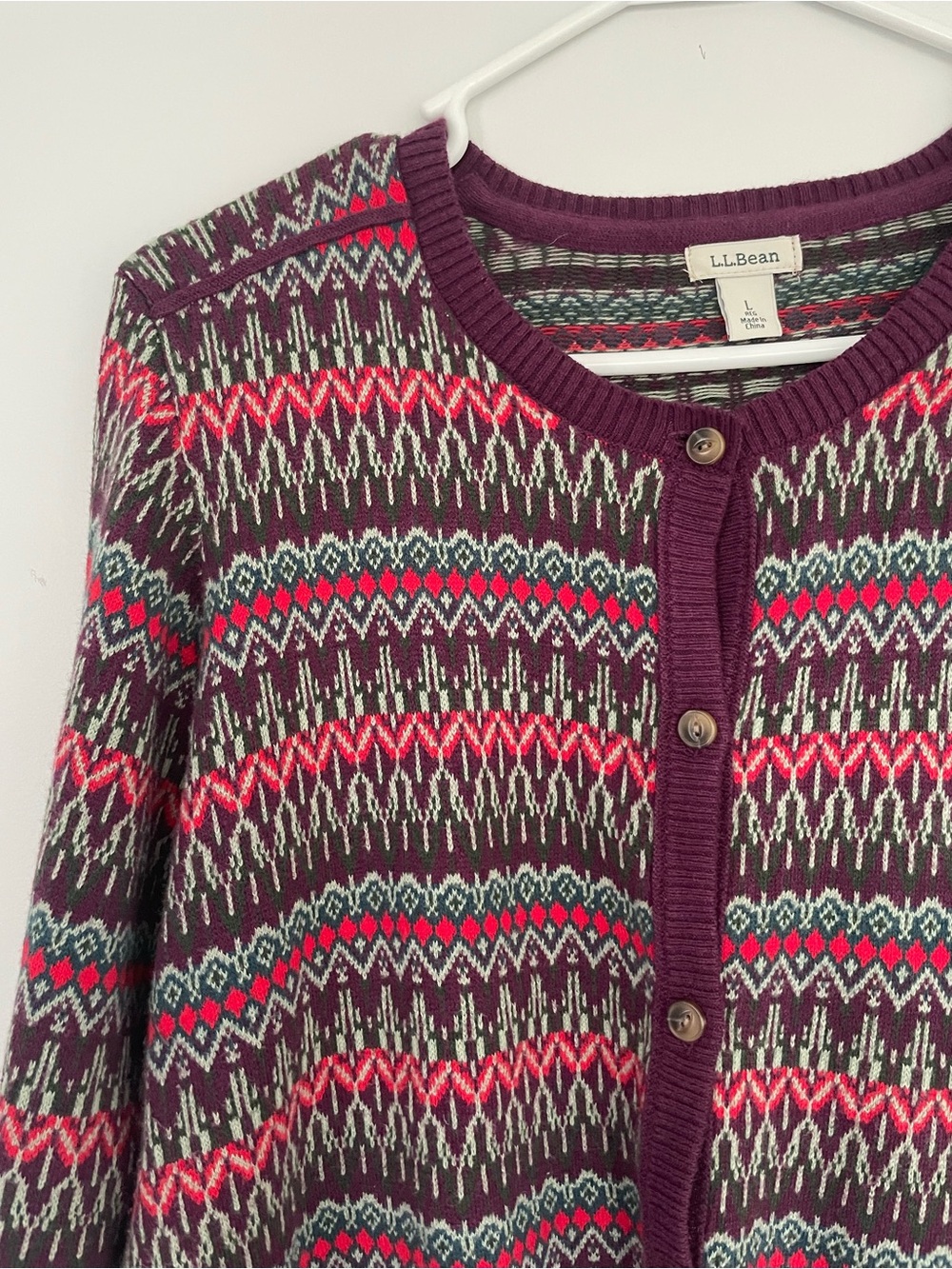 EUC L.L. Bean Women's L Purple Plum Fair Isle Cotton Cashmere Cardigan Sweater